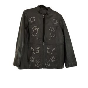 Nolan Miller Stiff Leather Jacket Glamour Women’s Large Black & Gray Embroidery